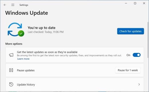 Windows Update settings page with the get-latest-updates toggle turned on