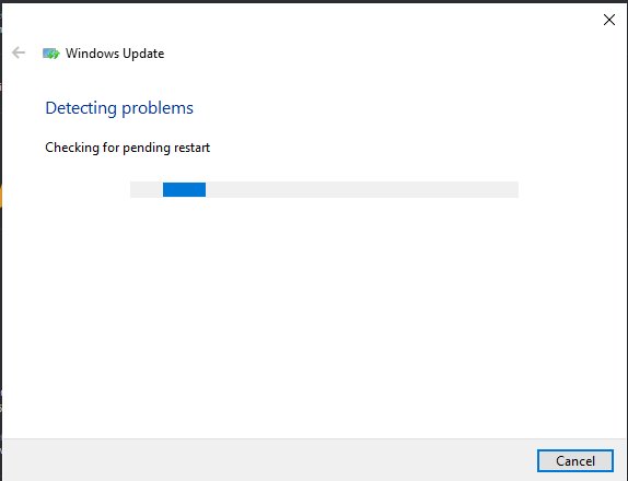 Windows Update troubleshooter wizard detecting problems and checking for a pending restart