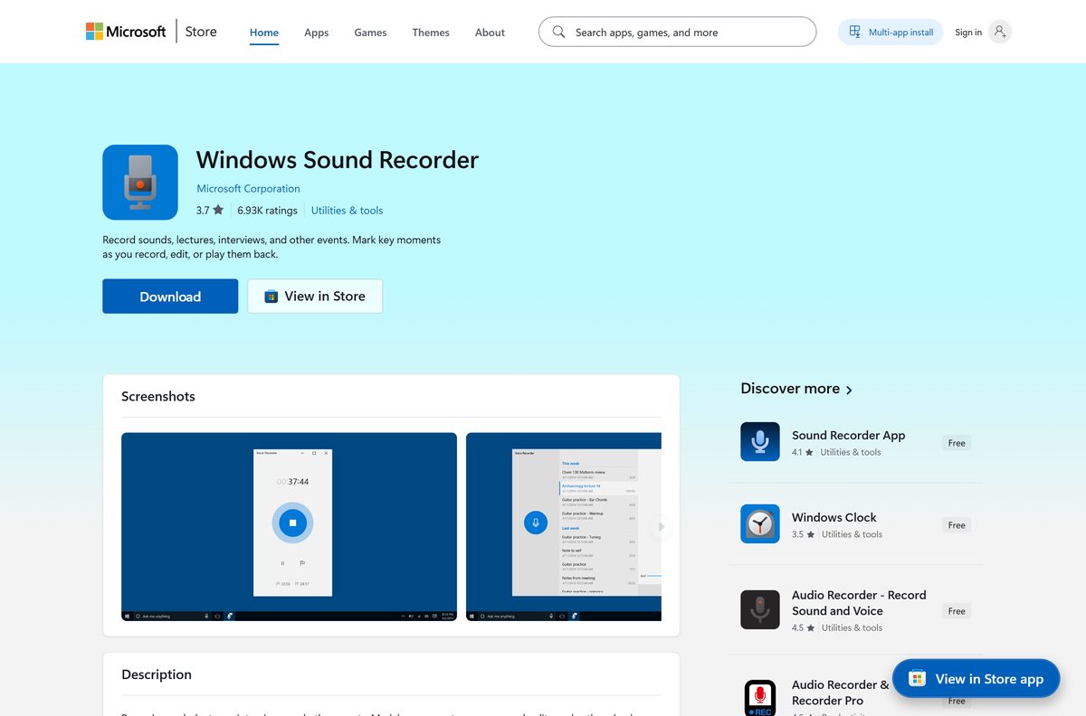 Microsoft Store listing for Windows Sound Recorder with publisher and price