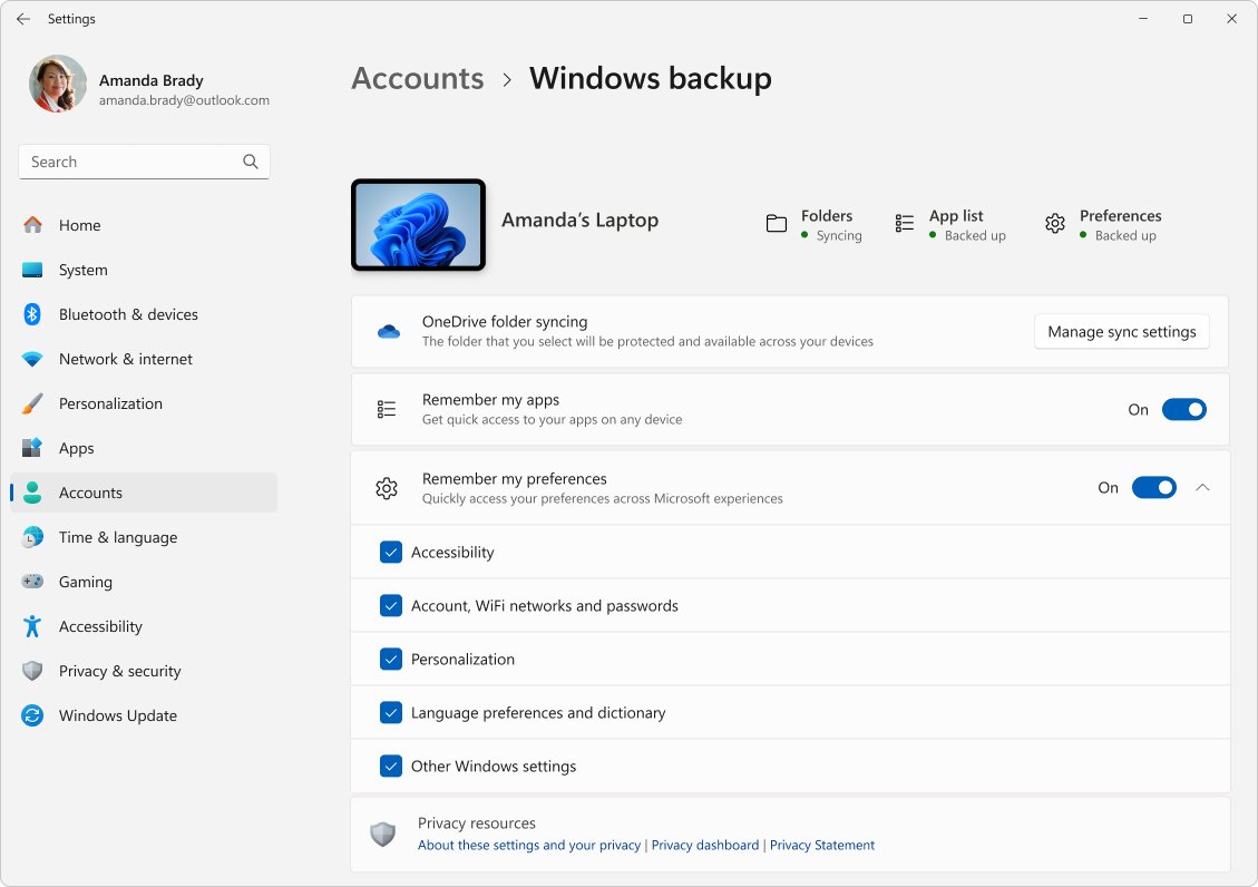 Windows backup settings page with Remember my preferences switches on