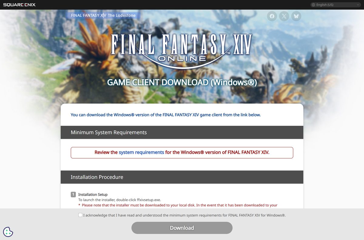Square Enix page with the Windows game client download button