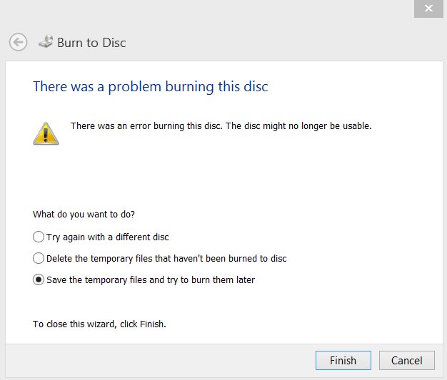 Windows dialog reading There was a problem burning this disc