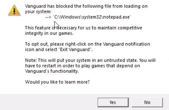 Windows dialog showing Vanguard blocked notepad.exe from loading, with Yes or No