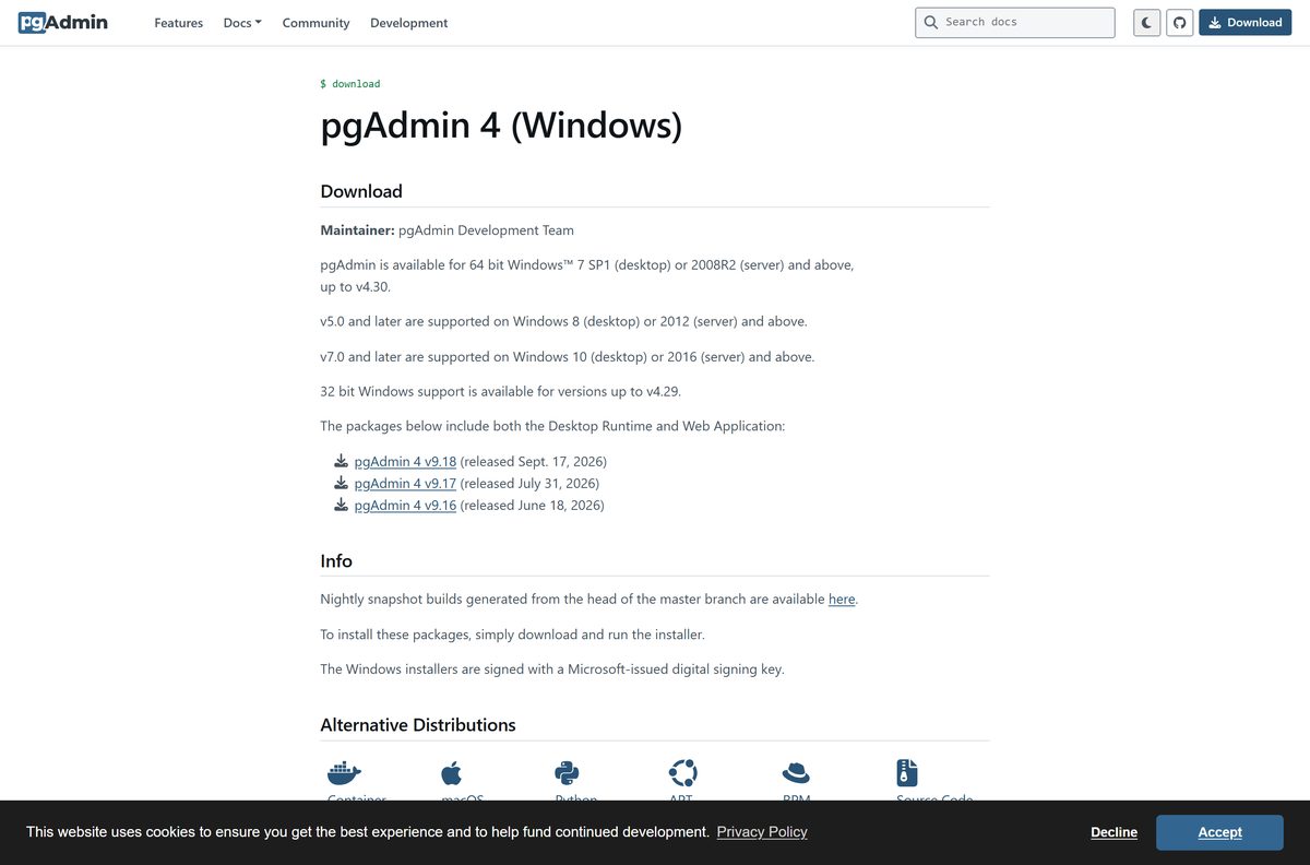 pgAdmin 4 Windows download page listing recent releases