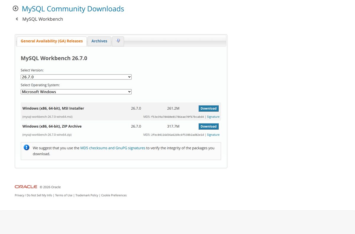 MySQL Workbench download page listing the Windows MSI and ZIP files