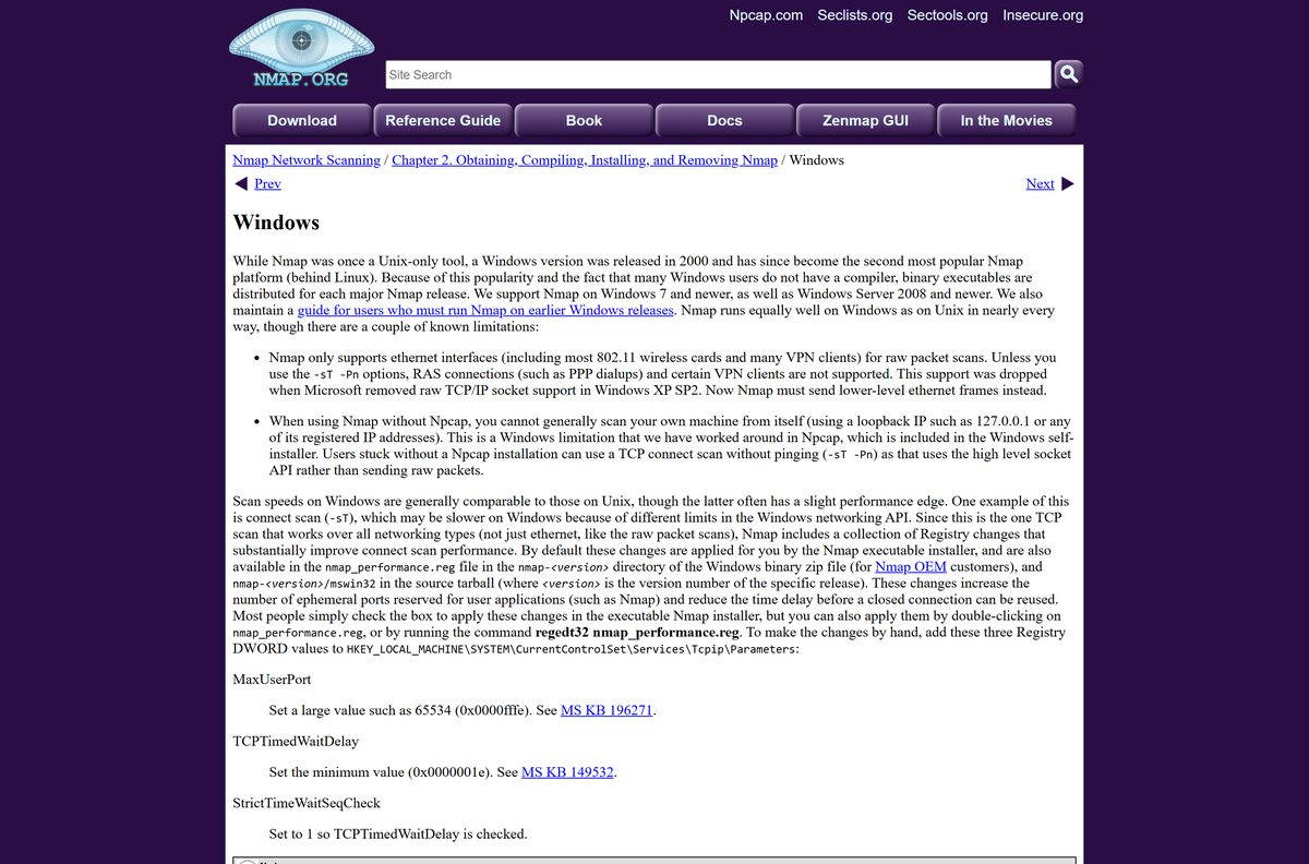 Nmap Windows install guide describing installer options and known limitations