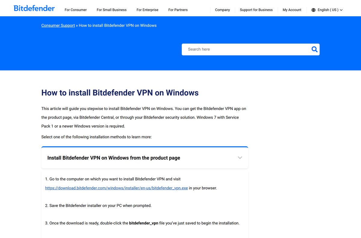 Bitdefender VPN support article showing the Windows install steps