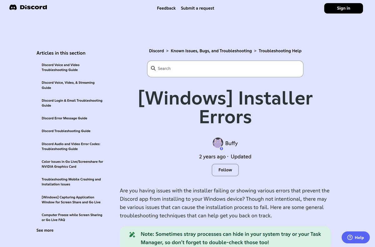 Support page listing the two Discord folders to delete before reinstalling