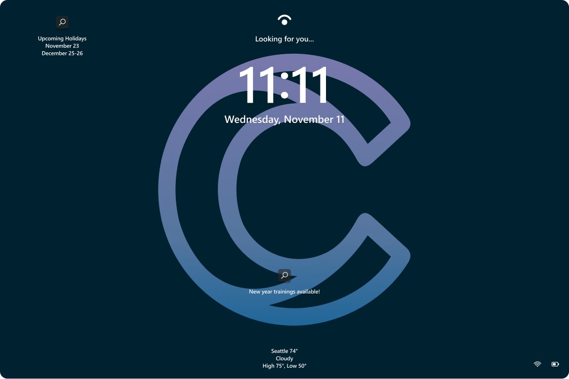 Windows lock screen showing Spotlight text over a company logo background