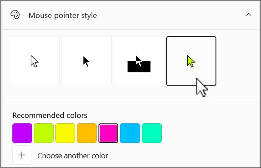 Windows mouse pointer style options with a green custom color