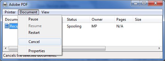 Windows print queue window with Document menu open on Cancel