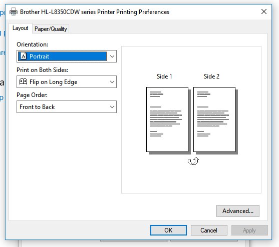 Windows printer Printing Preferences dialog set to Flip on Long Edge