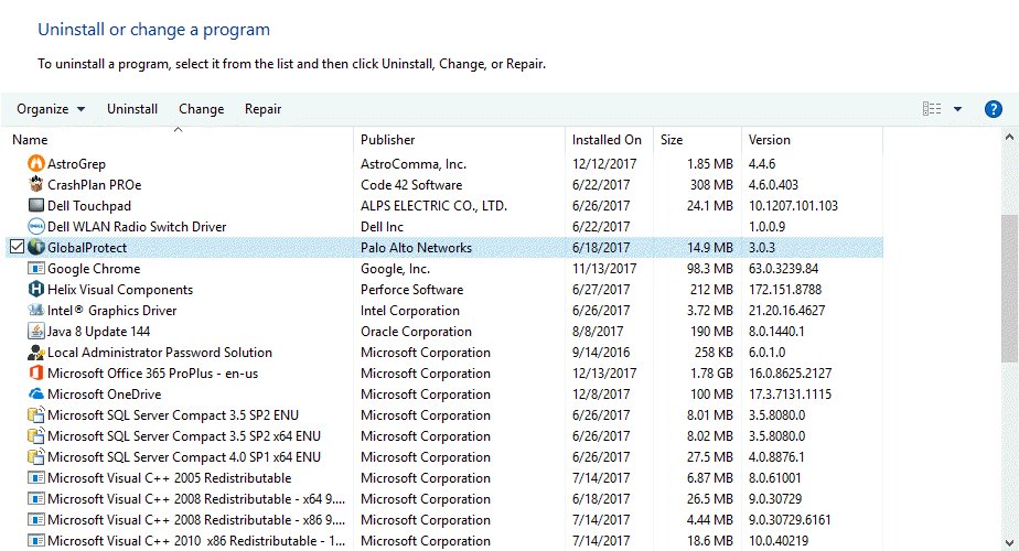 Windows program list with GlobalProtect selected for uninstall