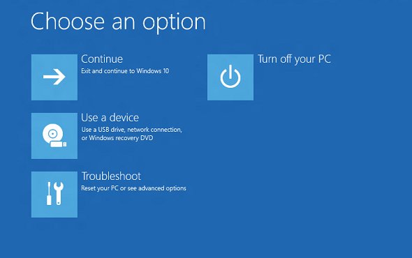 Windows recovery Choose an option screen listing Troubleshoot and other choices