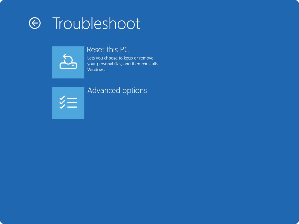 Windows recovery environment Troubleshoot screen with Reset this PC tile