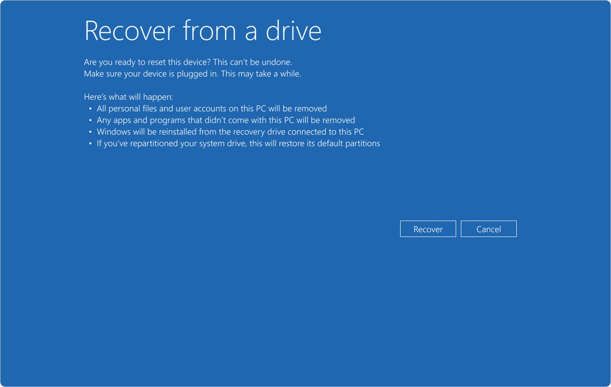 Windows recovery screen confirming reinstall from a connected USB recovery drive