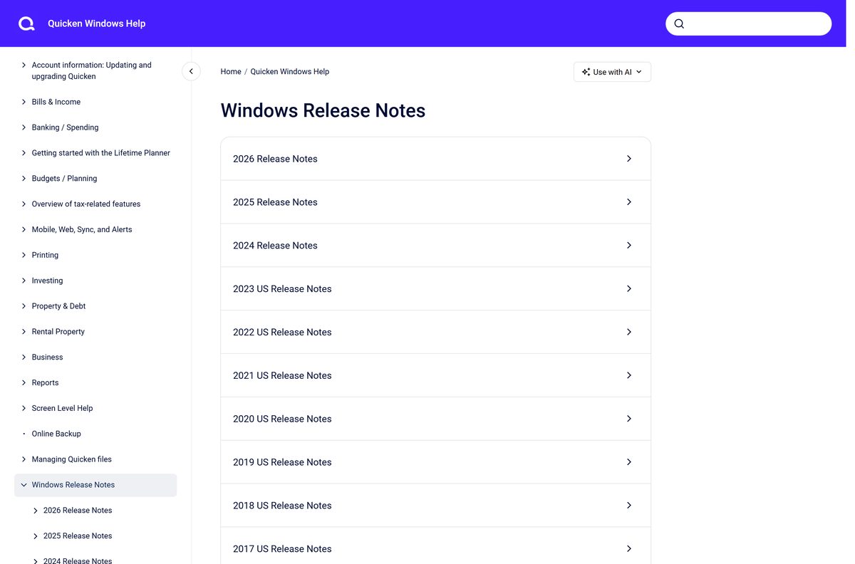 Quicken release notes listing recent Windows build numbers by month