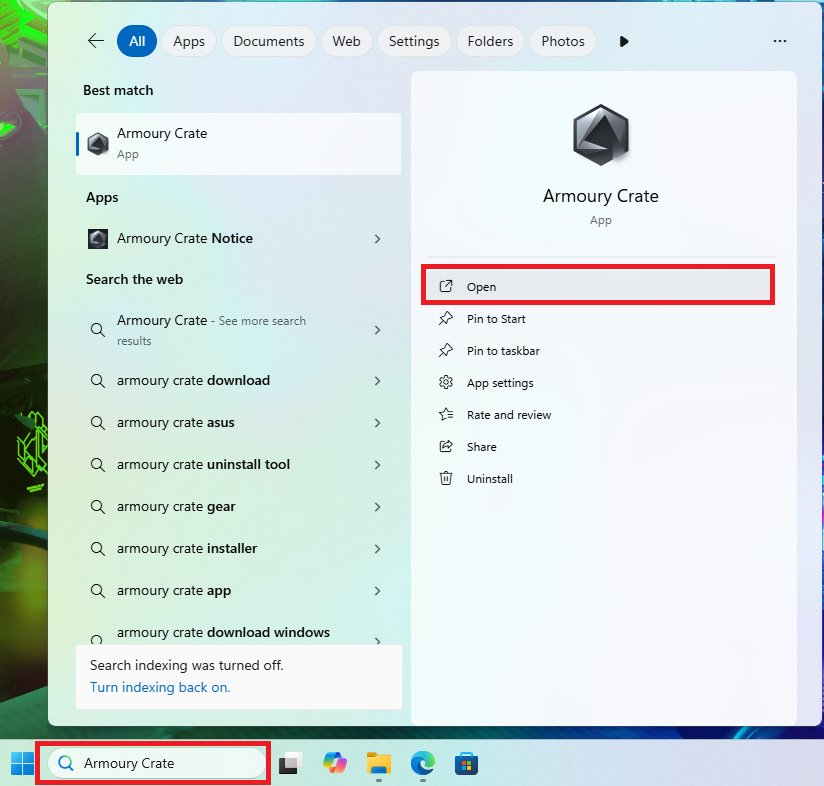 Windows search box showing Armoury Crate app with Open highlighted