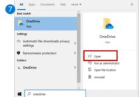 Windows search results for OneDrive showing the Open command