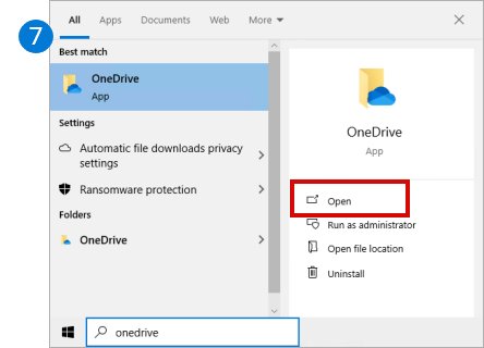 Windows search results for OneDrive showing the Open command