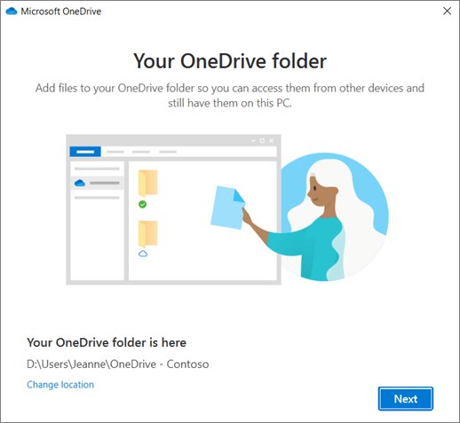 Windows setup screen confirming the default OneDrive folder location