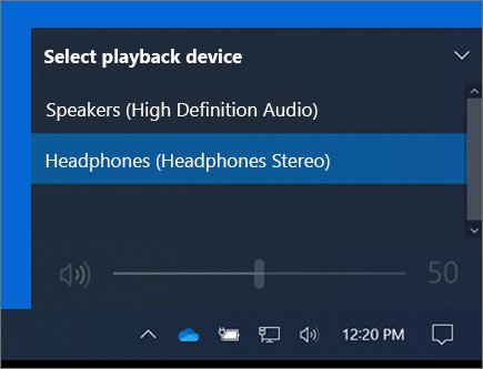 Windows taskbar list of playback devices with headphones selected as the active output