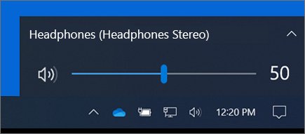 Windows taskbar volume flyout showing the output device name and level slider
