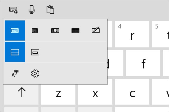 Windows touch keyboard mode flyout with layout icons and settings gear