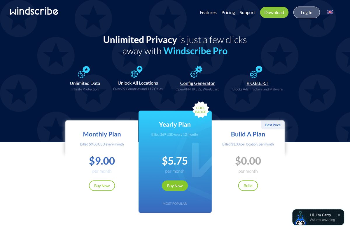 Windscribe Pro pricing with monthly, yearly and Build A Plan options