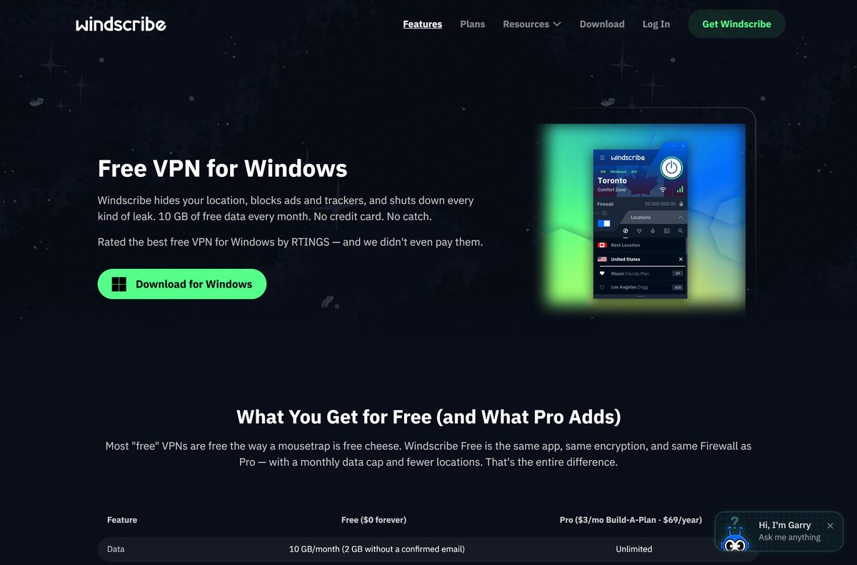 Windscribe for Windows page comparing the free and Pro plans