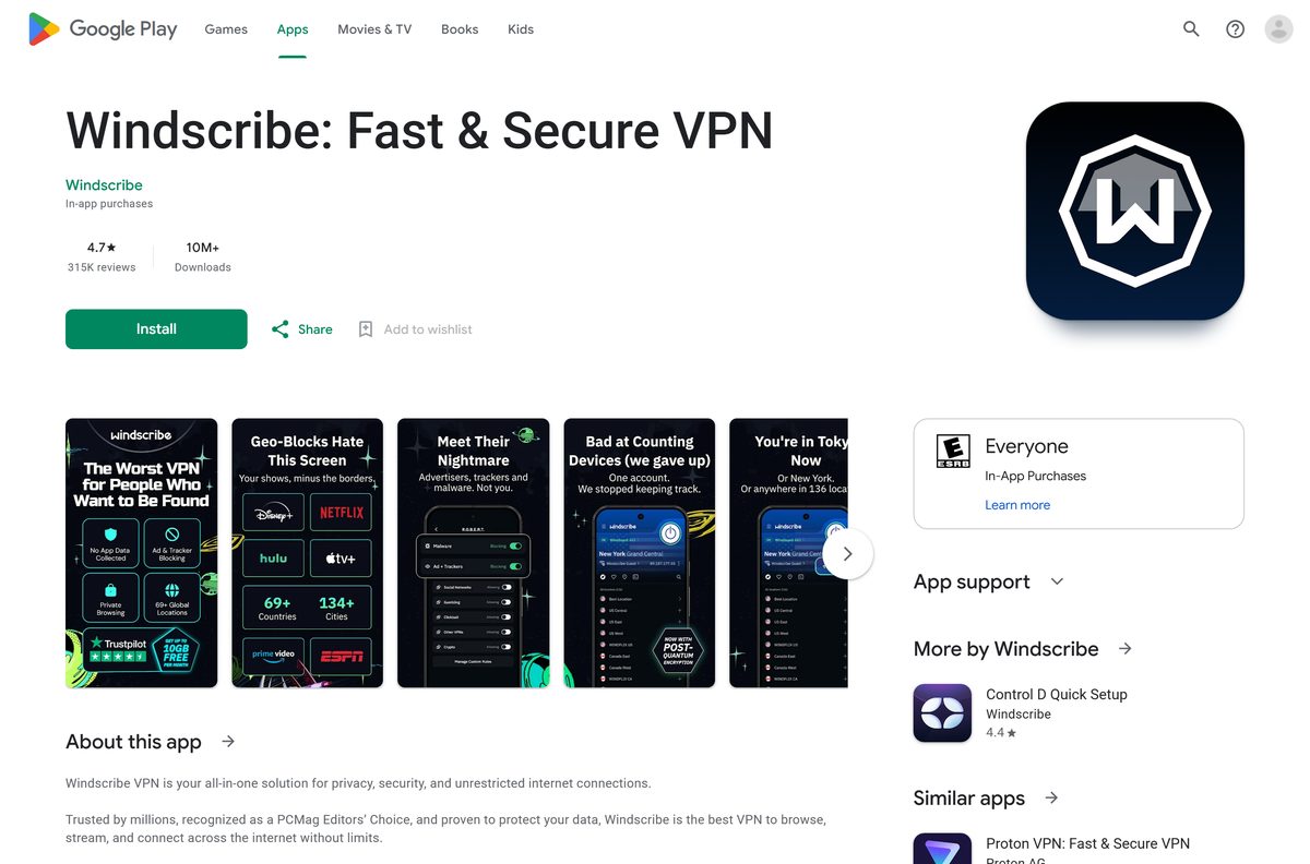 Google Play listing for Windscribe with its rating and installs