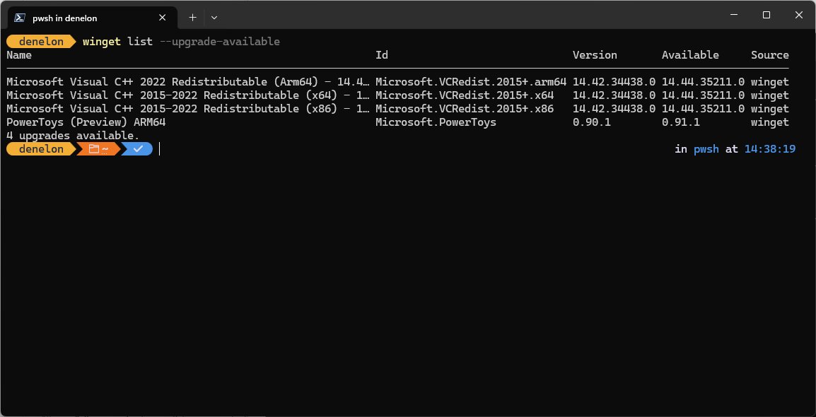 Winget list command highlighting apps with an upgrade available