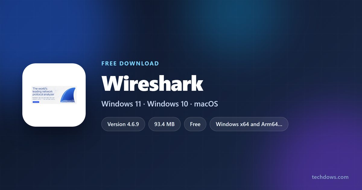 Wireshark spec card with version, sizes, license and supported systems