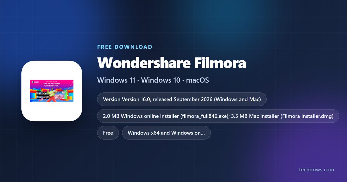 Wondershare Filmora card with version, requirements and installer sizes