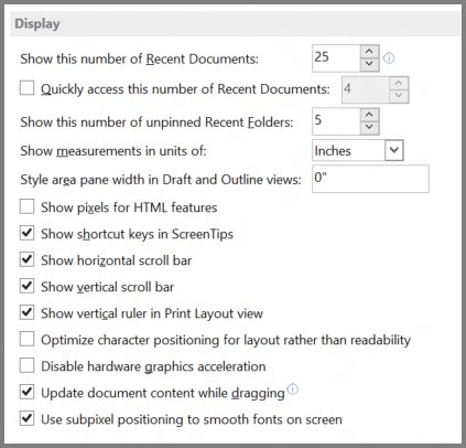 Word Options Advanced Display section with Disable hardware graphics acceleration checkbox
