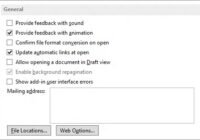 Word Options Advanced General section showing the Update automatic links checkbox