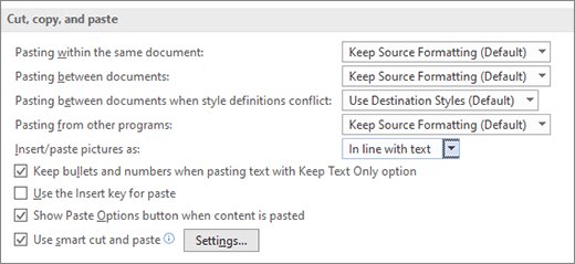 Word Options dialog showing Cut, copy, and paste settings