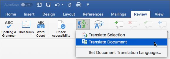 Word Review ribbon with Translate menu open, Translate Document highlighted