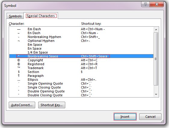 Word Symbol dialog box open on the Special Characters tab