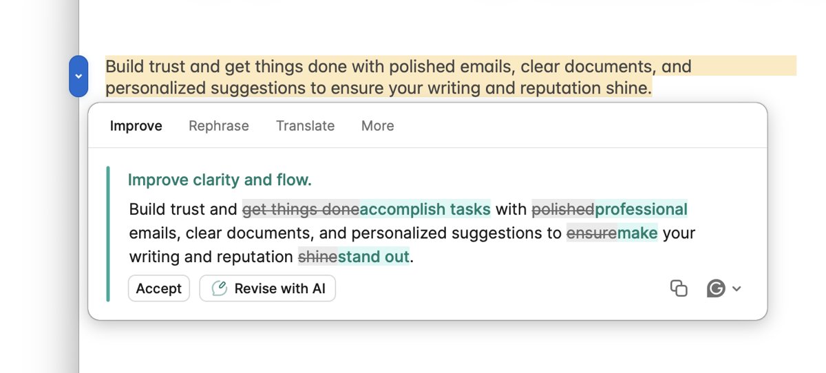Word document with Grammarly AI rewrite suggestion and Accept button