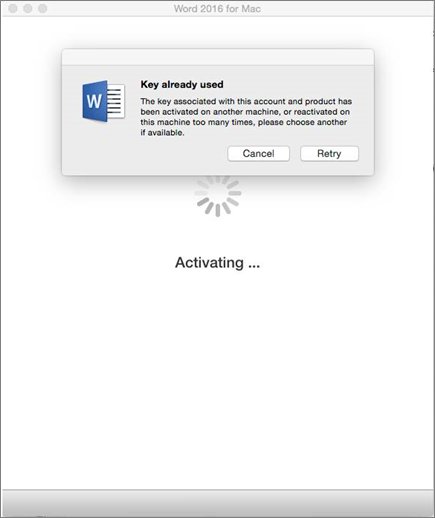 Word for Mac dialog reporting the product key was already used