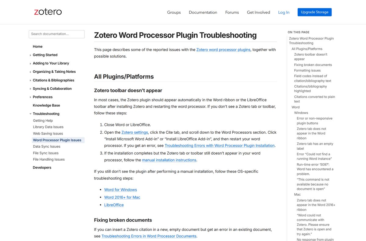 Zotero help page for fixing the Word plugin on Windows