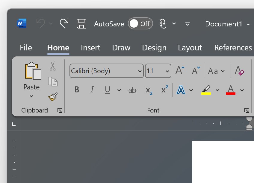 Word ribbon and document view in the Dark Gray Office theme
