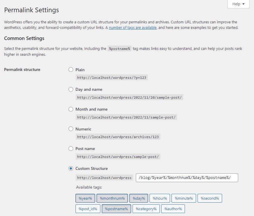 WordPress Permalink Settings screen with Custom Structure selected