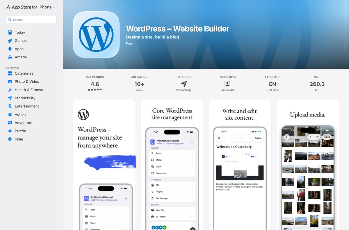 App Store listing for WordPress with its rating and size