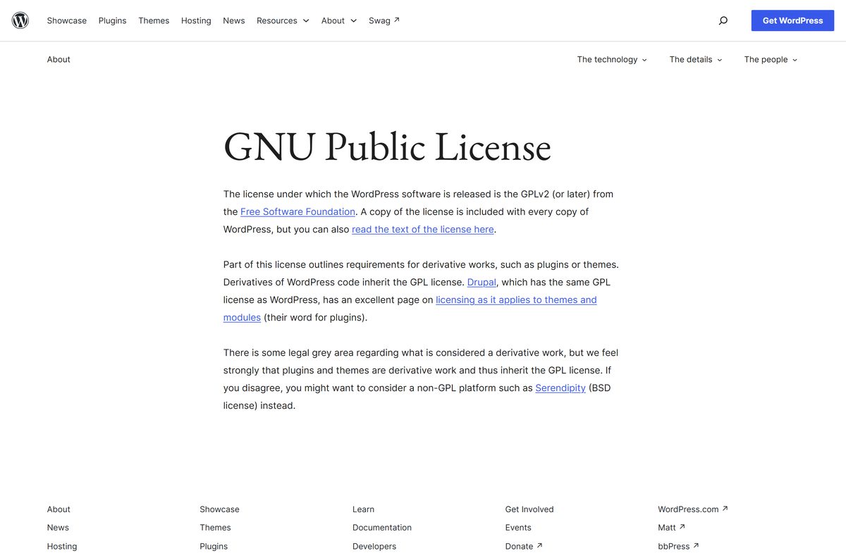 WordPress license page describing the GPLv2 terms
