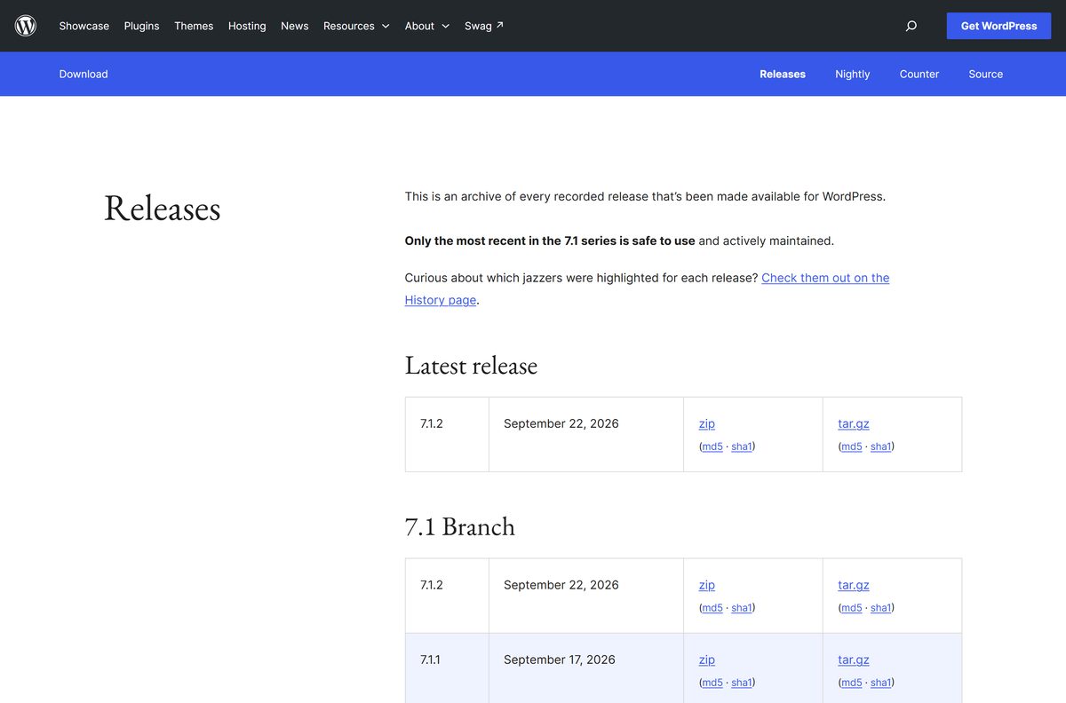 WordPress release archive with zip, tar.gz and checksum links