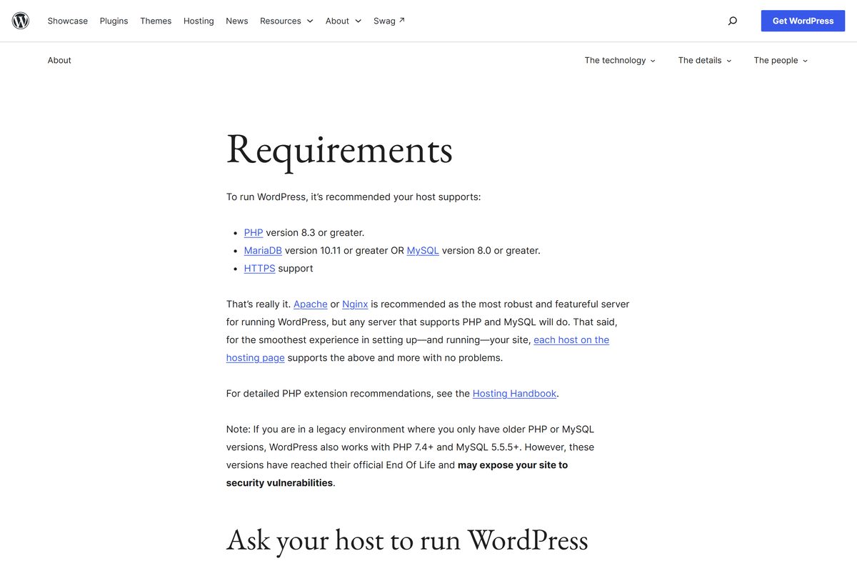 WordPress requirements page listing PHP and database versions