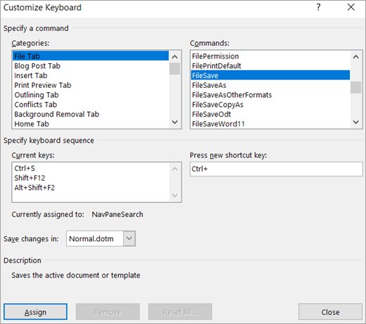 Word's Customize Keyboard dialog with the Press new shortcut key box