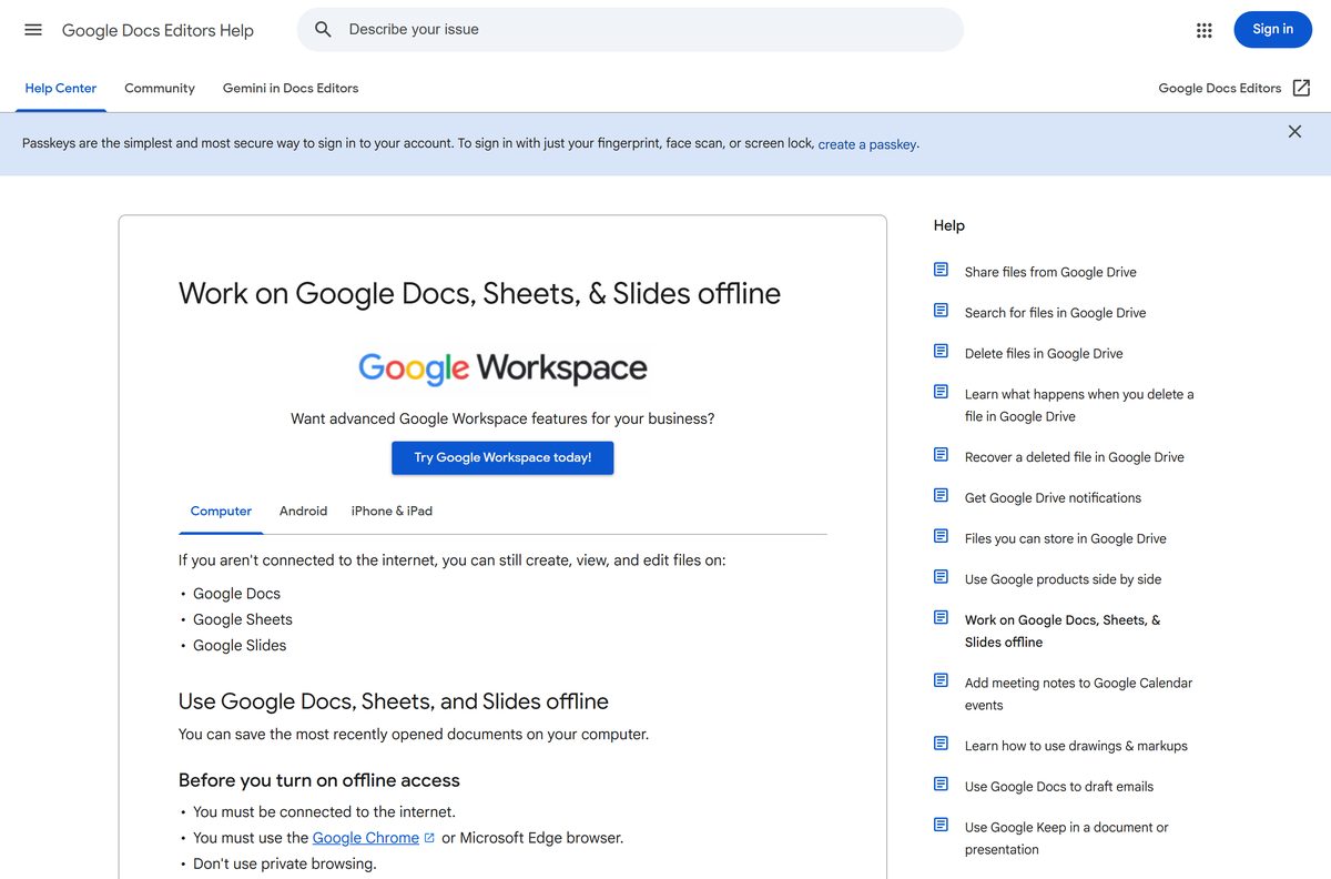 Google help page on editing Docs, Sheets and Slides offline